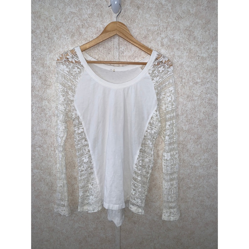 White Floral Lace Long Sleeve Top Mixed Media Scoop Neck High-Low Hem Womens M - Picture 1 of 12